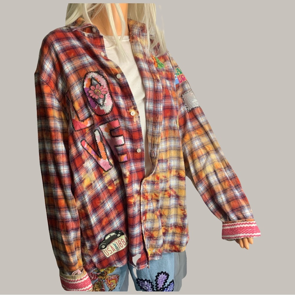 Upcycled Plaid Multicolor Boyfriend Shirt with Detachable Hip Bigfoot with Fur. - Picture 3 of 13
